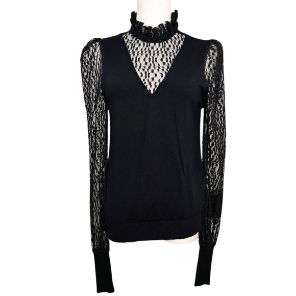 Catherine Malandrino Sheer Black Lace High Ruffle Neck Sweater Large Gothcore - Picture 1 of 9